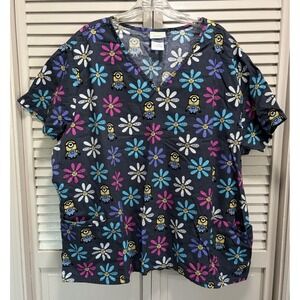 Minions Gray/Multi Graphic Scrub Top V-neck Pockets‎ Medical Size 3X Flowers